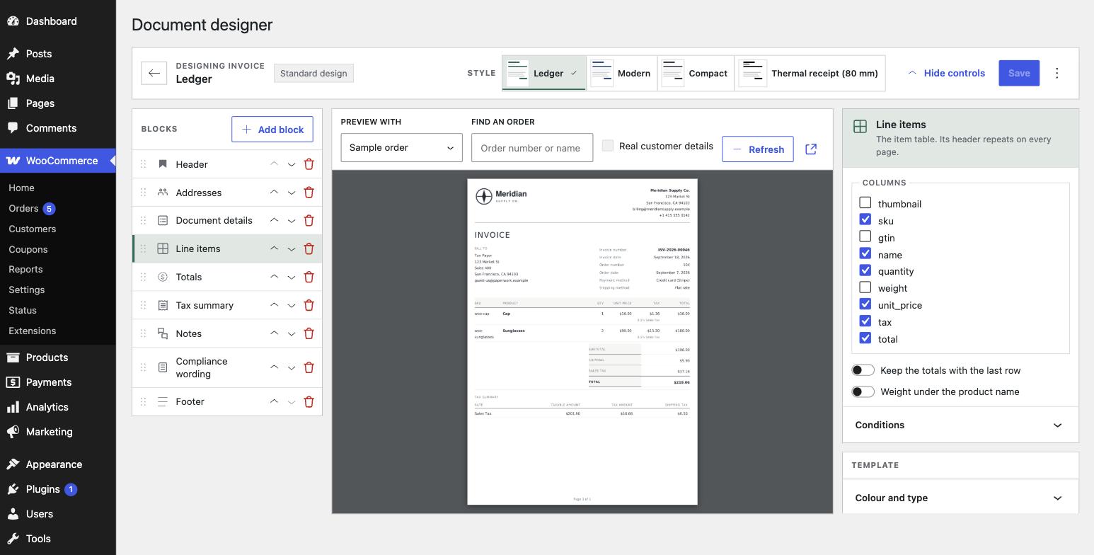 The Paperwork document designer with the Line items block selected, showing its column list beside a live invoice preview.