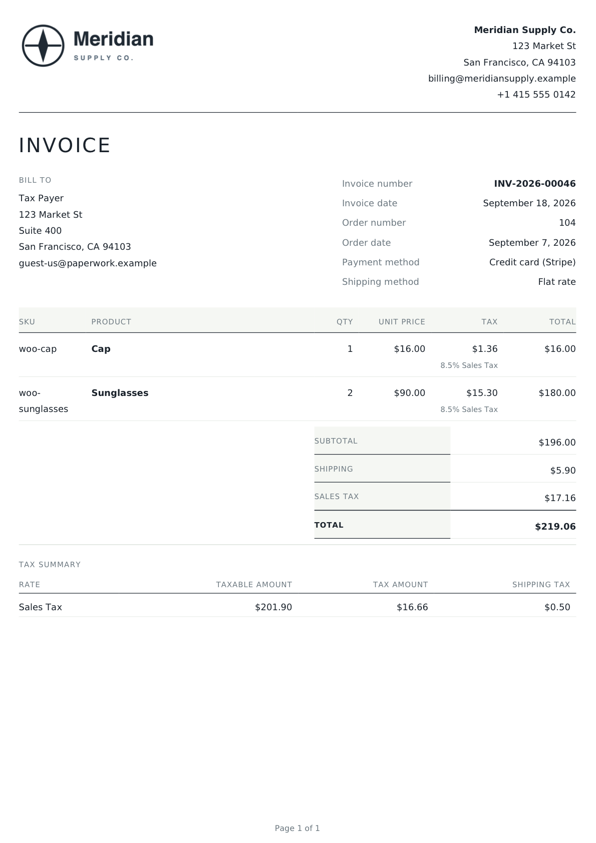 A rendered invoice PDF: letterhead with logo, billing address, invoice number and date, two line items with tax, totals and a tax summary.