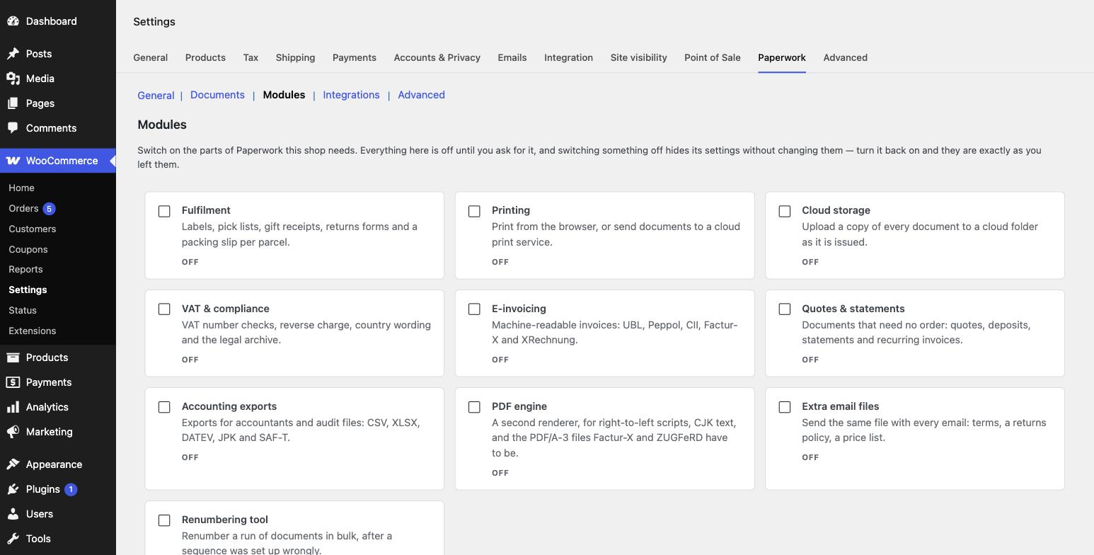 The Modules settings screen: a grid of optional feature cards, each with a switch, all switched off.