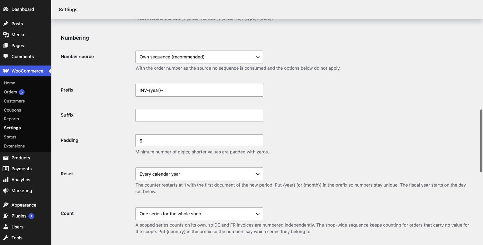 The numbering settings for invoices: number source, prefix, suffix, padding, reset period and how many series to count.
