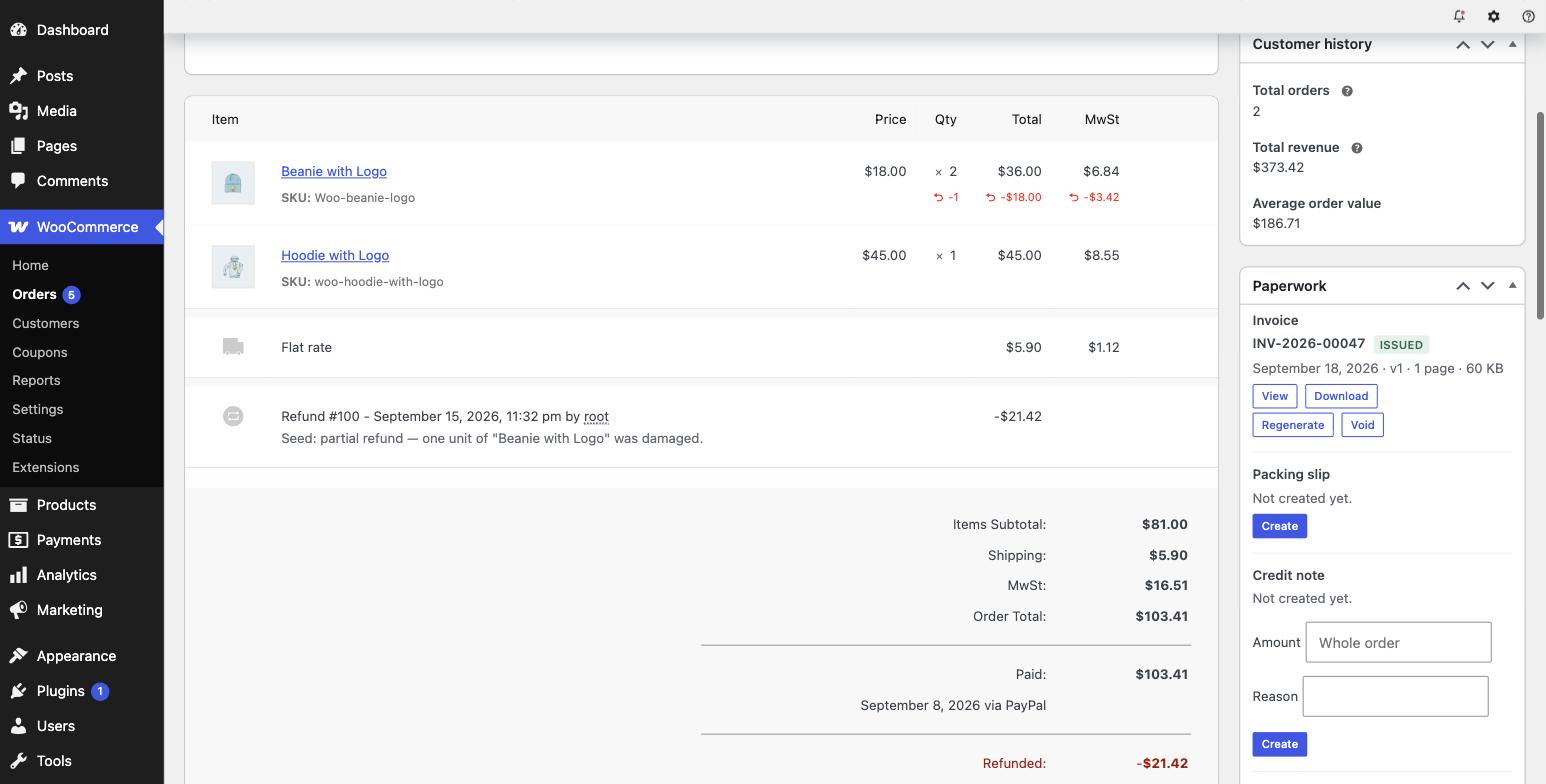 The Paperwork panel on a WooCommerce order, showing an issued invoice with view, download, regenerate and void buttons, and a credit-note form.
