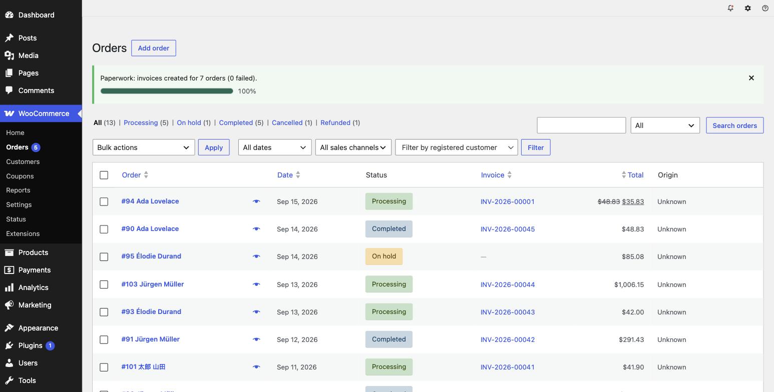 The WooCommerce orders list with an invoice column, after a bulk job reporting invoices created for seven orders with none failed.